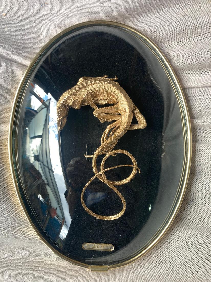 Gilded lizard skeleton coiled inside a black convex oval frame.