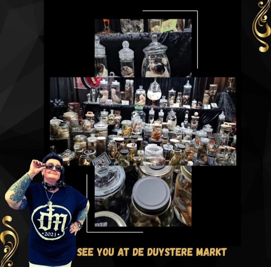 Skull en Prull market display, a wall of wet specimen jars, captioned See you at De Duystere Markt.