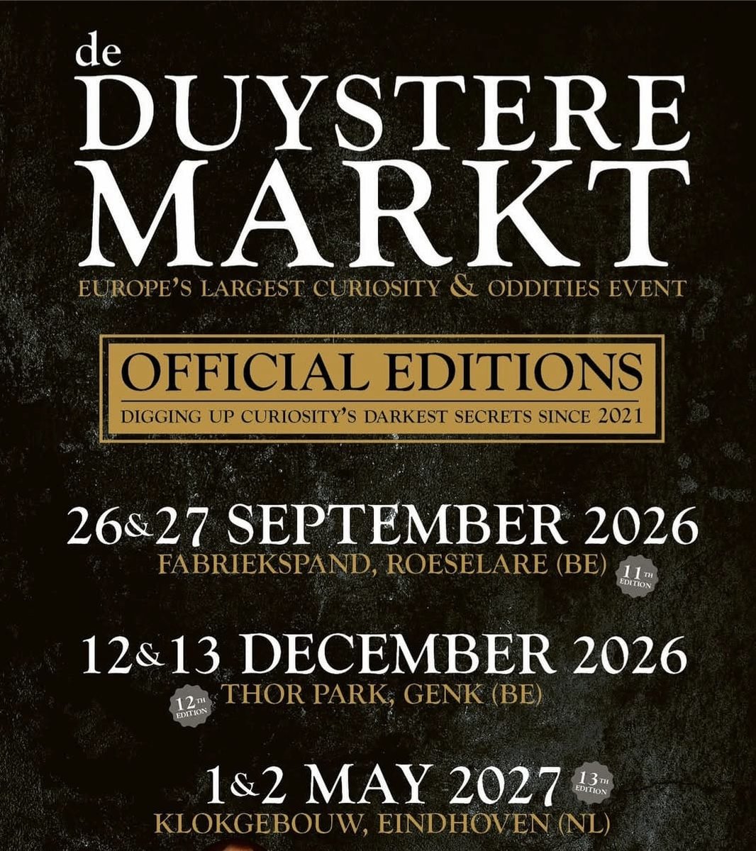 de Duystere Markt poster, Europe's largest curiosity and oddities event, listing the 2026 and 2027 edition dates.